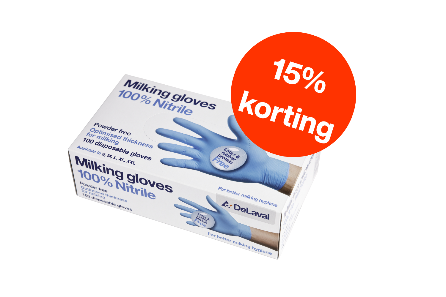 Doos DeLaval melkershandschoenen met sticker: 15% korting