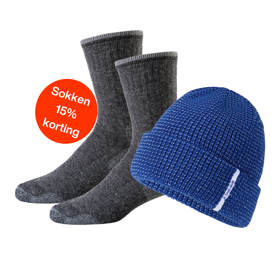 Afbeelding met DeLaval sokken en een blauwe DeLaval muts, met button 15% korting