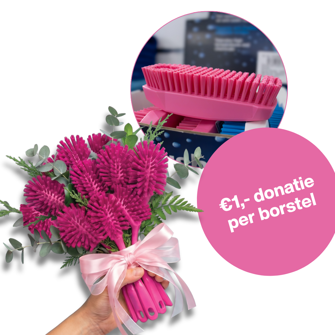Bosje rozeafwasborstels gepresenteerd als bloemboeket met donatie 1 euro aan Pink Ribbon