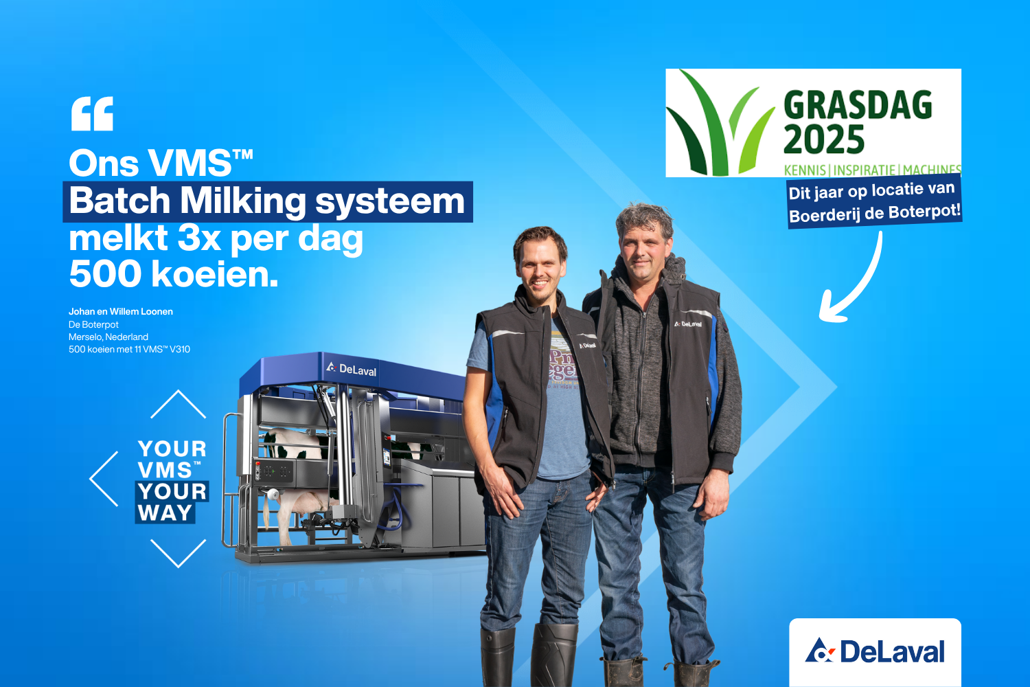 Uitnodiging Grasdag 2025, Met melkveehouders Loonen met een VMS en een quote over hun DeLaval VMS Batch Milking systeem
