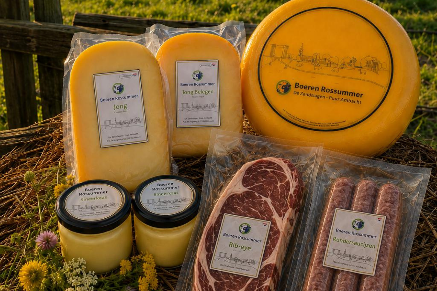 Producten zoals Kaas, Vlees en Smeerkaas van het merk Boeren Rossummer van boerderij de Zandslagen