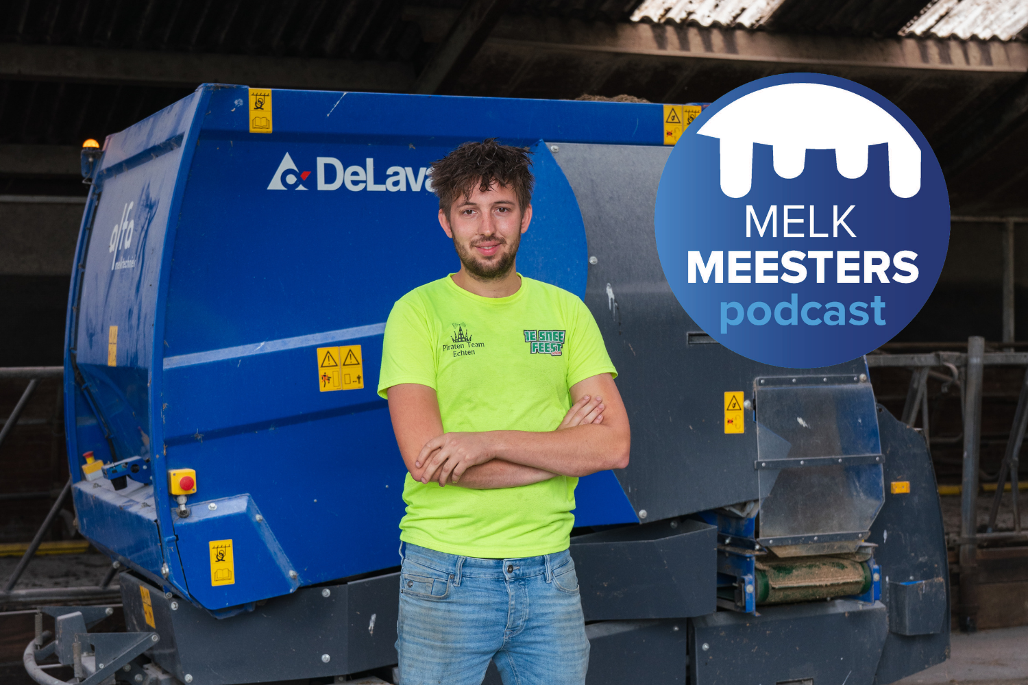 Melkveehouder Rick Nijstad voor DeLaval OptiWagon met Melkmeesters podcast logo