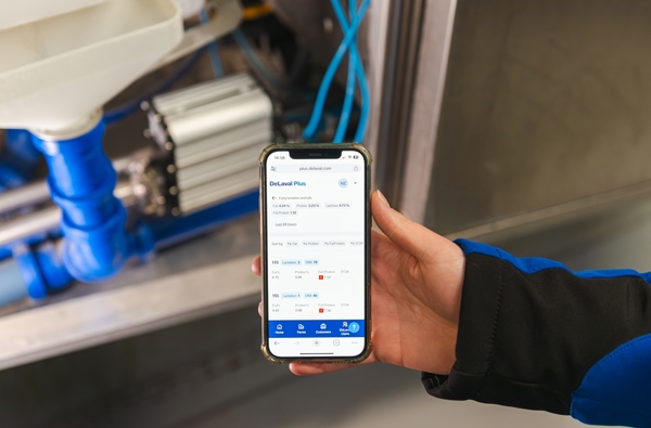 Mobiele telefoon voor de DeLaval Milk Solids Analysis in de VMS V300 melkrobot die de gegevens in DeLaval Plus laat zien